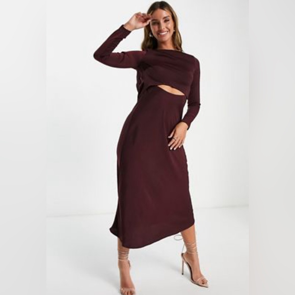 ASOS Satin Midi Dress with Cowl Back & Tie in Wine Size 12 *NEW WITH TAGS*